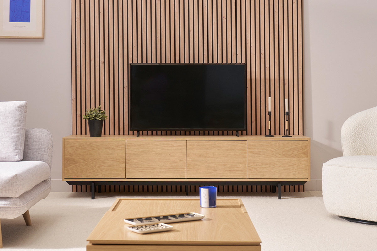 Meuble TV finition bois chne et mtal noir L200 cm MANNY