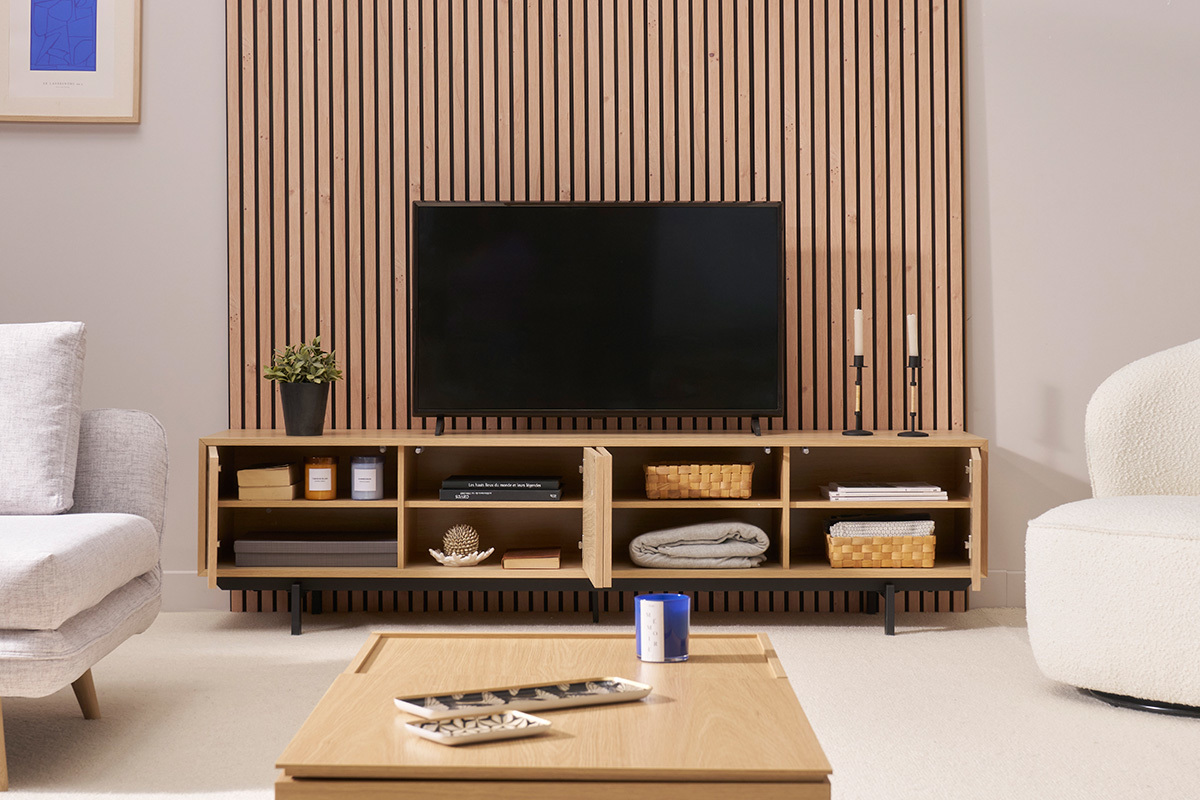 Meuble TV finition bois chne et mtal noir L200 cm MANNY