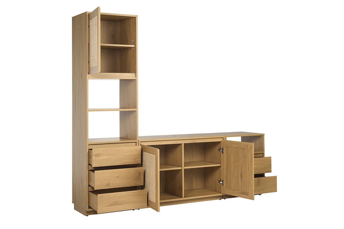Meuble TV finition bois clair ch�ne et cannage rotin L196 cm SEVILLE