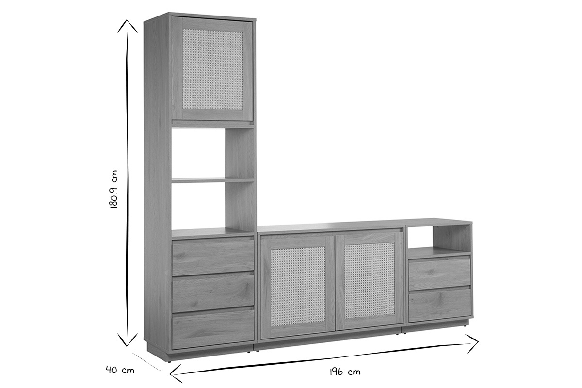 Meuble TV finition bois clair ch�ne et cannage rotin L196 cm SEVILLE