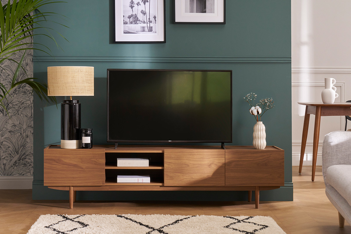 Meuble TV finition bois fonc� noyer 3 portes L180 cm SANAA