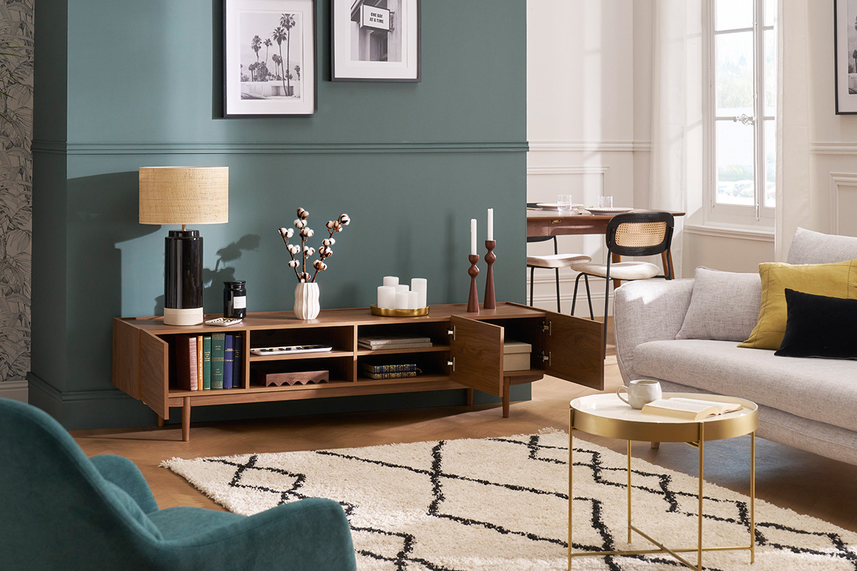 Meuble TV finition bois fonc� noyer 3 portes L180 cm SANAA