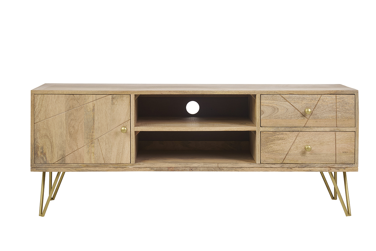 Meuble TV grav en bois manguier massif et mtal L130 LINIUM
