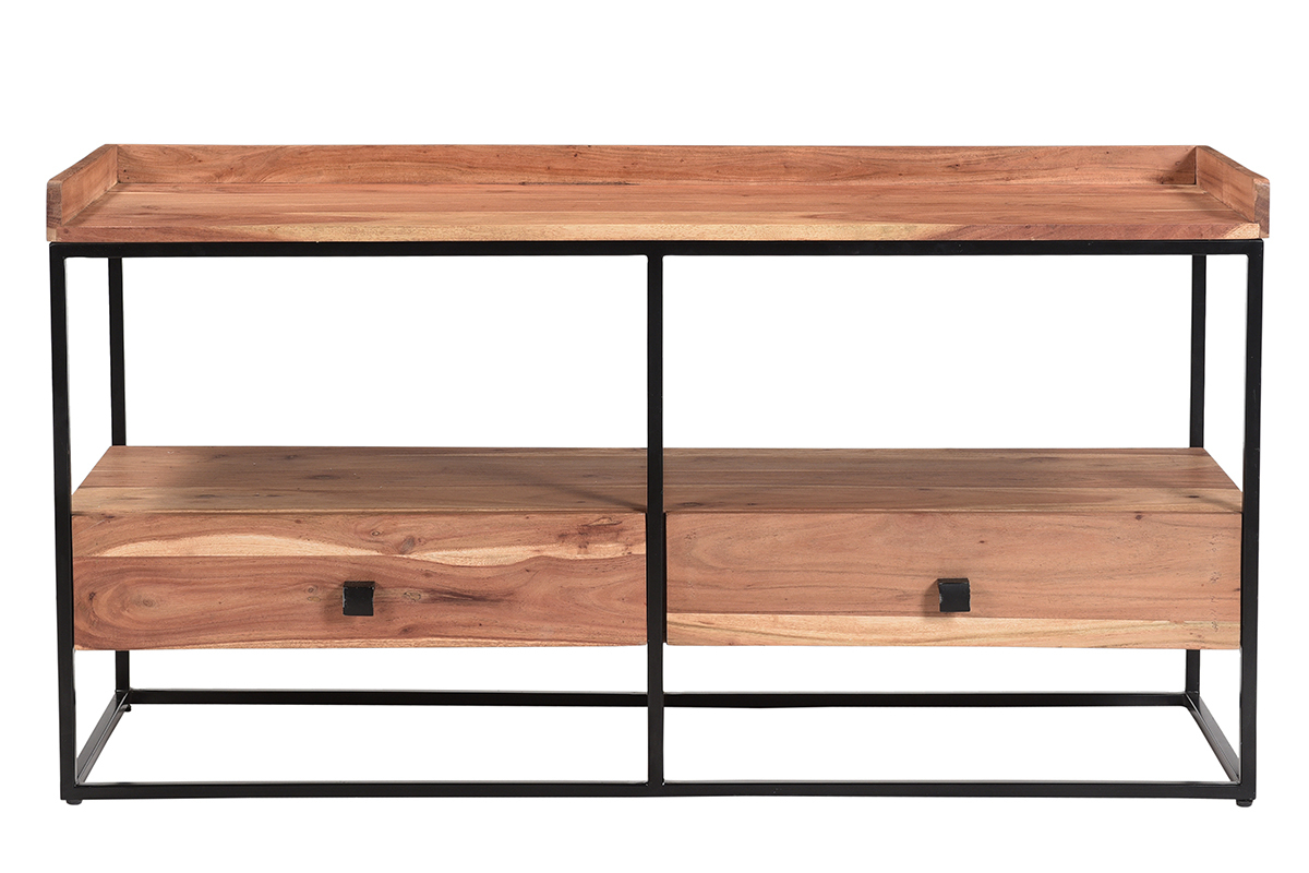 Meuble TV industriel bois massif et mtal noir L115 cm HERMANN