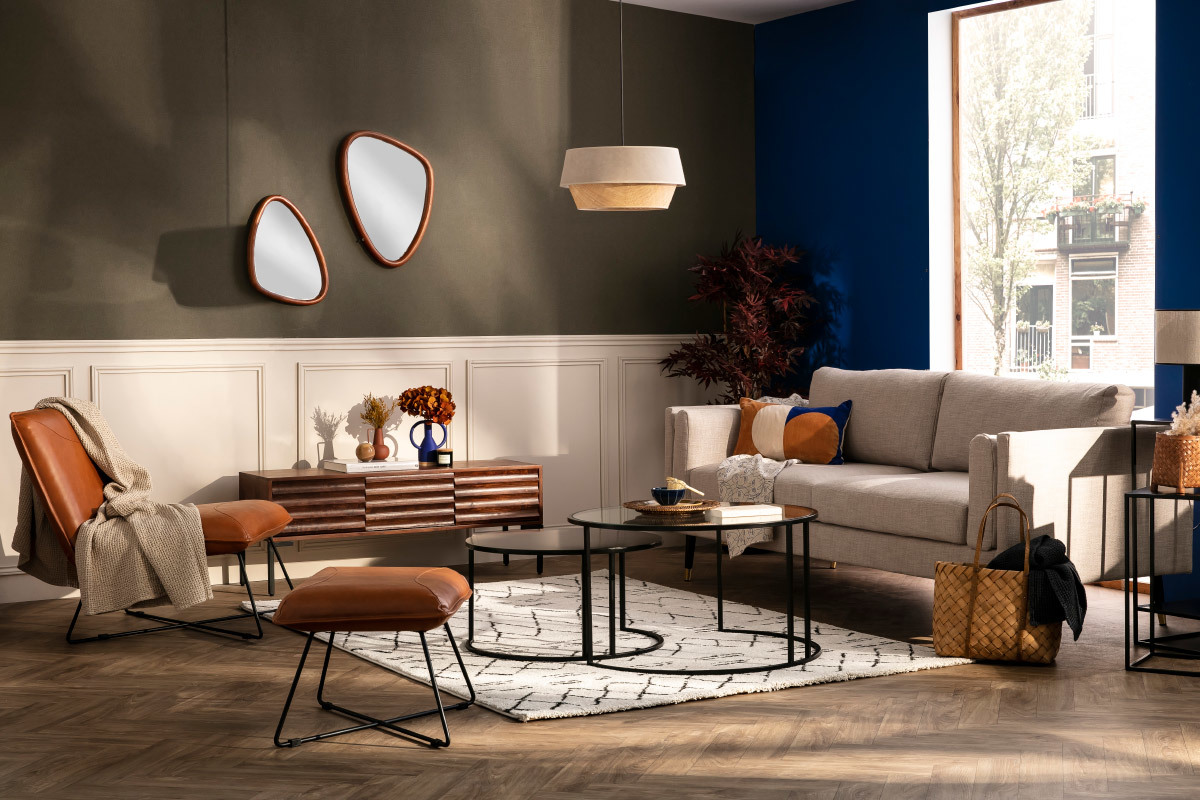 Meuble TV manguier massif et m�tal noir 3 portes L120 cm ONDA