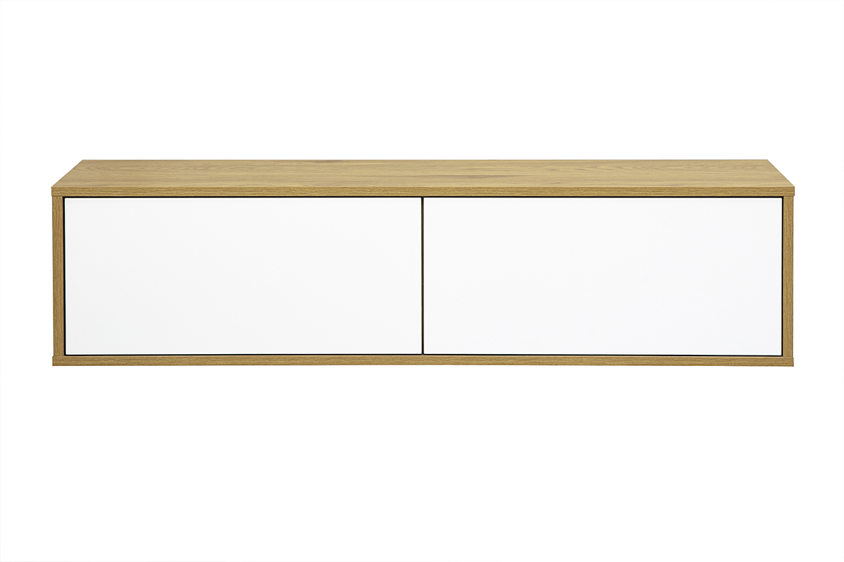 Meuble TV mural finition blanche et bois clair ch�ne L120 cm FLEXO