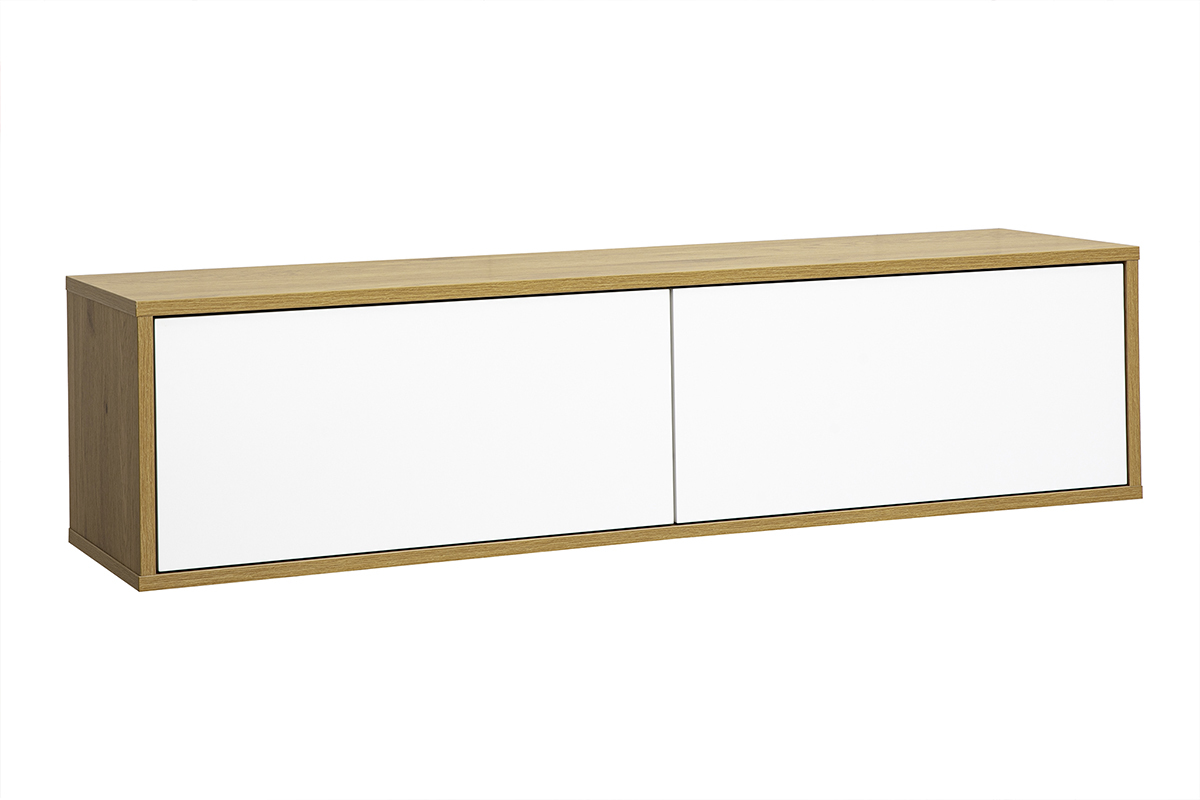 Meuble TV mural finition blanche et bois clair ch�ne L120 cm FLEXO
