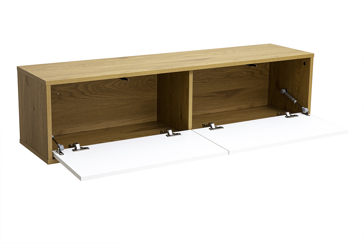 Meuble TV mural finition blanche et bois clair ch�ne L120 cm FLEXO