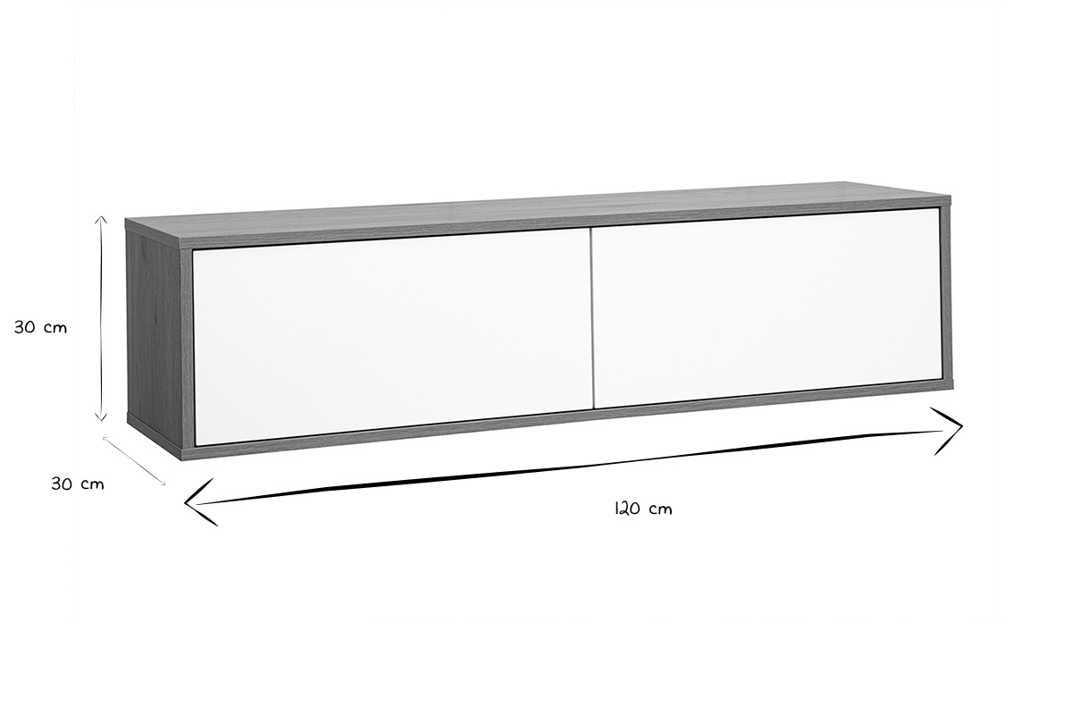 Meuble TV mural finition blanche et bois clair ch�ne L120 cm FLEXO
