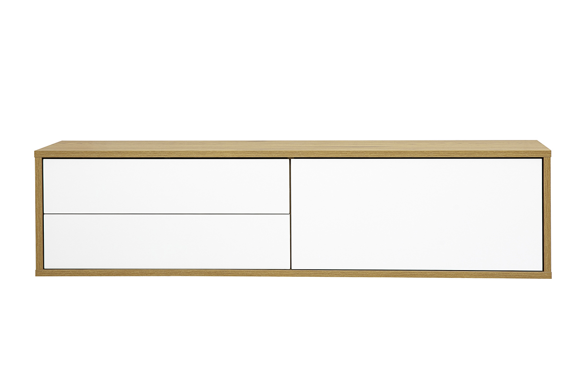 Meuble TV mural finition blanche et bois clair ch�ne L120 cm FLEXO