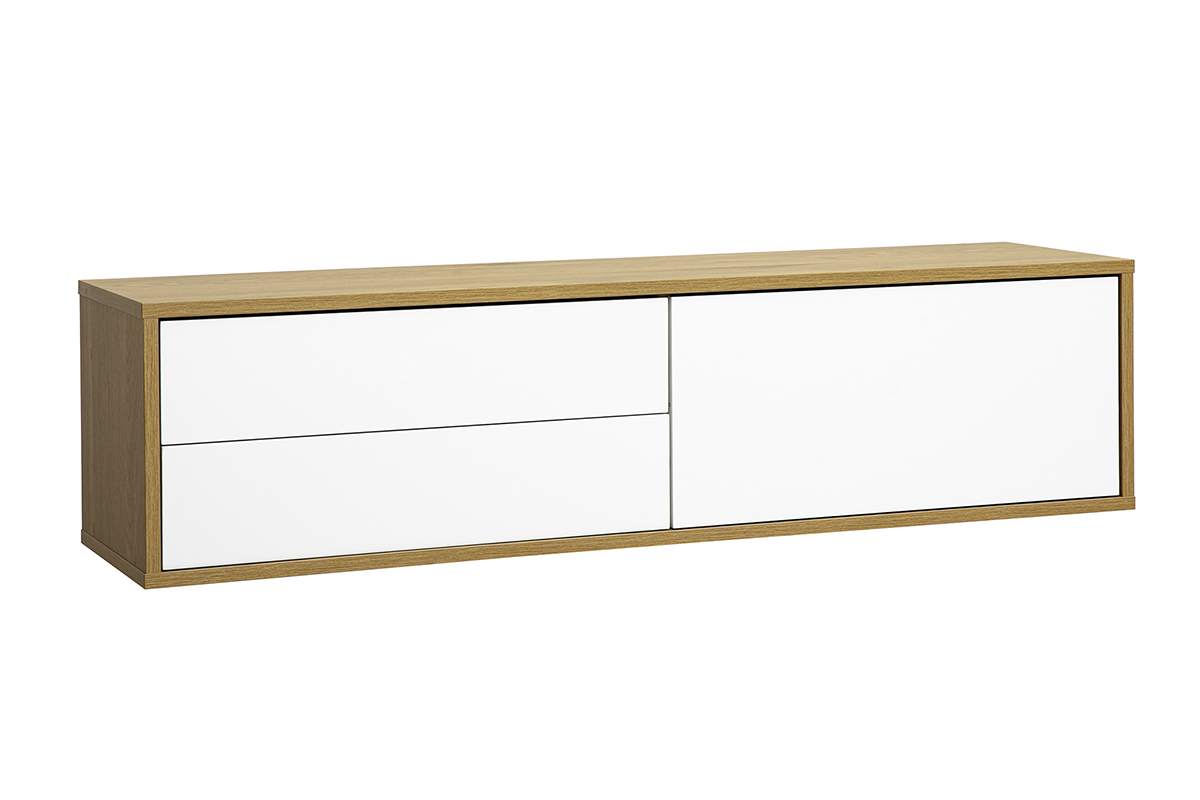 Meuble TV mural finition blanche et bois clair ch�ne L120 cm FLEXO