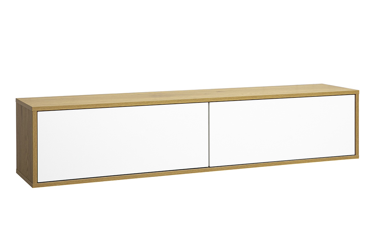 Meuble TV mural finition blanche et bois clair ch�ne L140 cm FLEXO