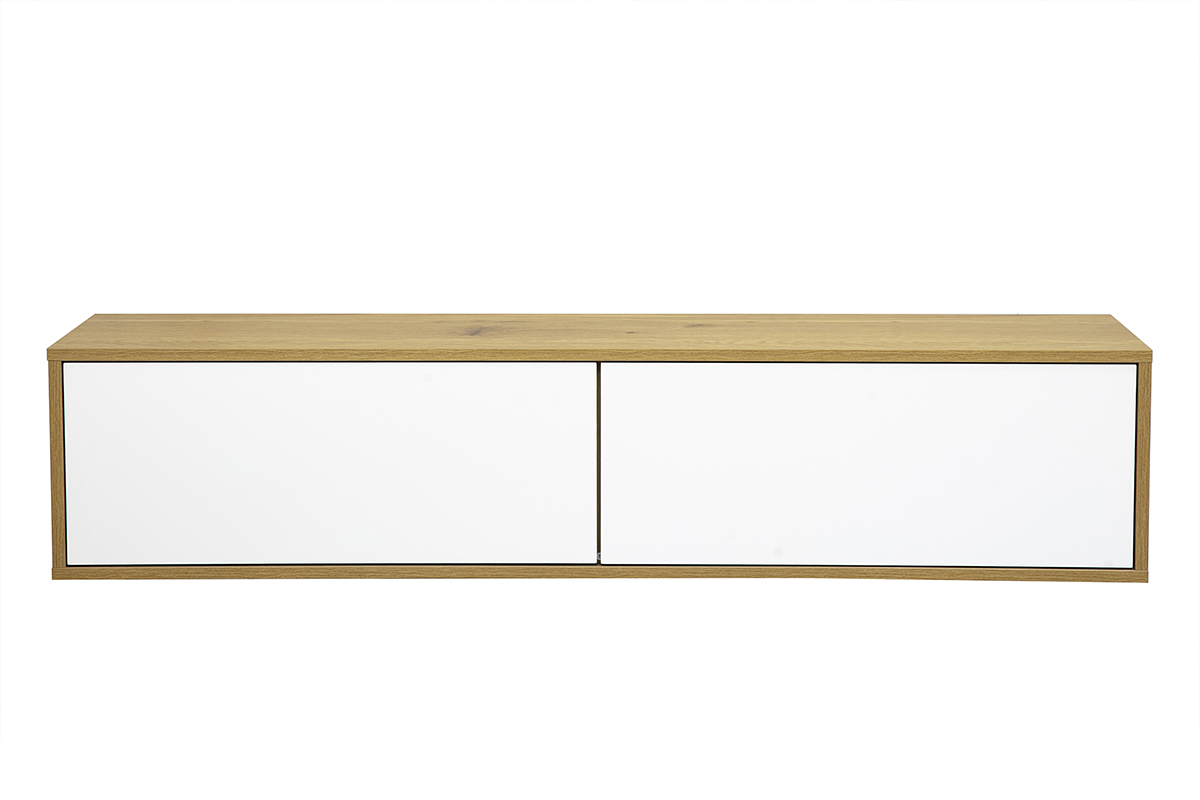 Meuble TV mural finition blanche et bois clair ch�ne L140 cm FLEXO