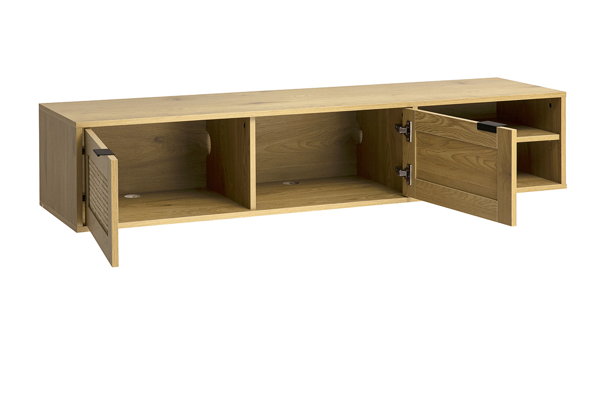 Meuble tv mural finition bois clair et cannage rotin 2 portes L150 cm MANILLE