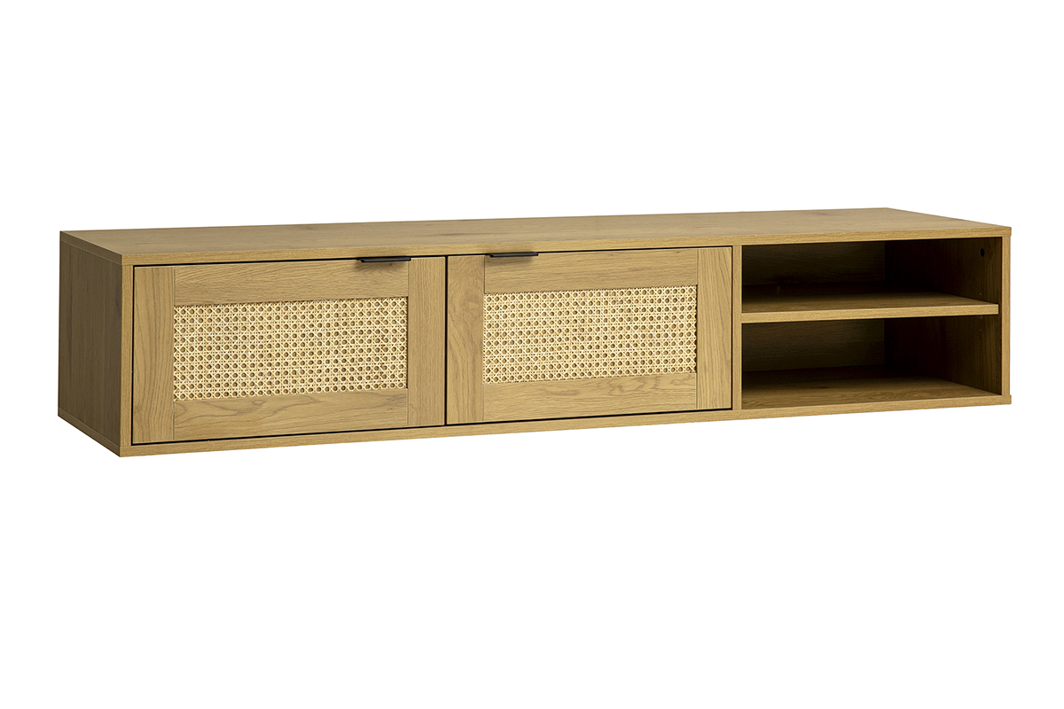Meuble tv mural finition bois clair et cannage rotin 2 portes L150 cm MANILLE