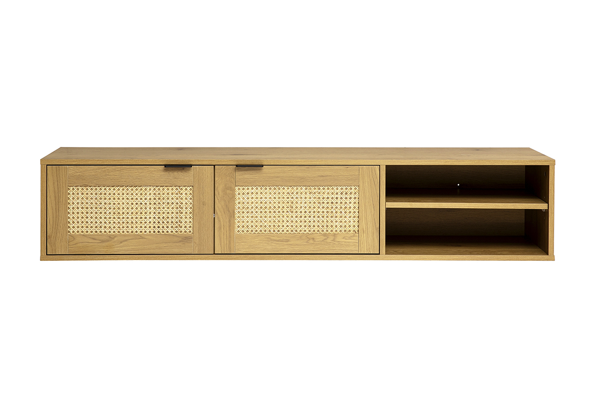 Meuble tv mural finition bois clair et cannage rotin 2 portes L150 cm MANILLE