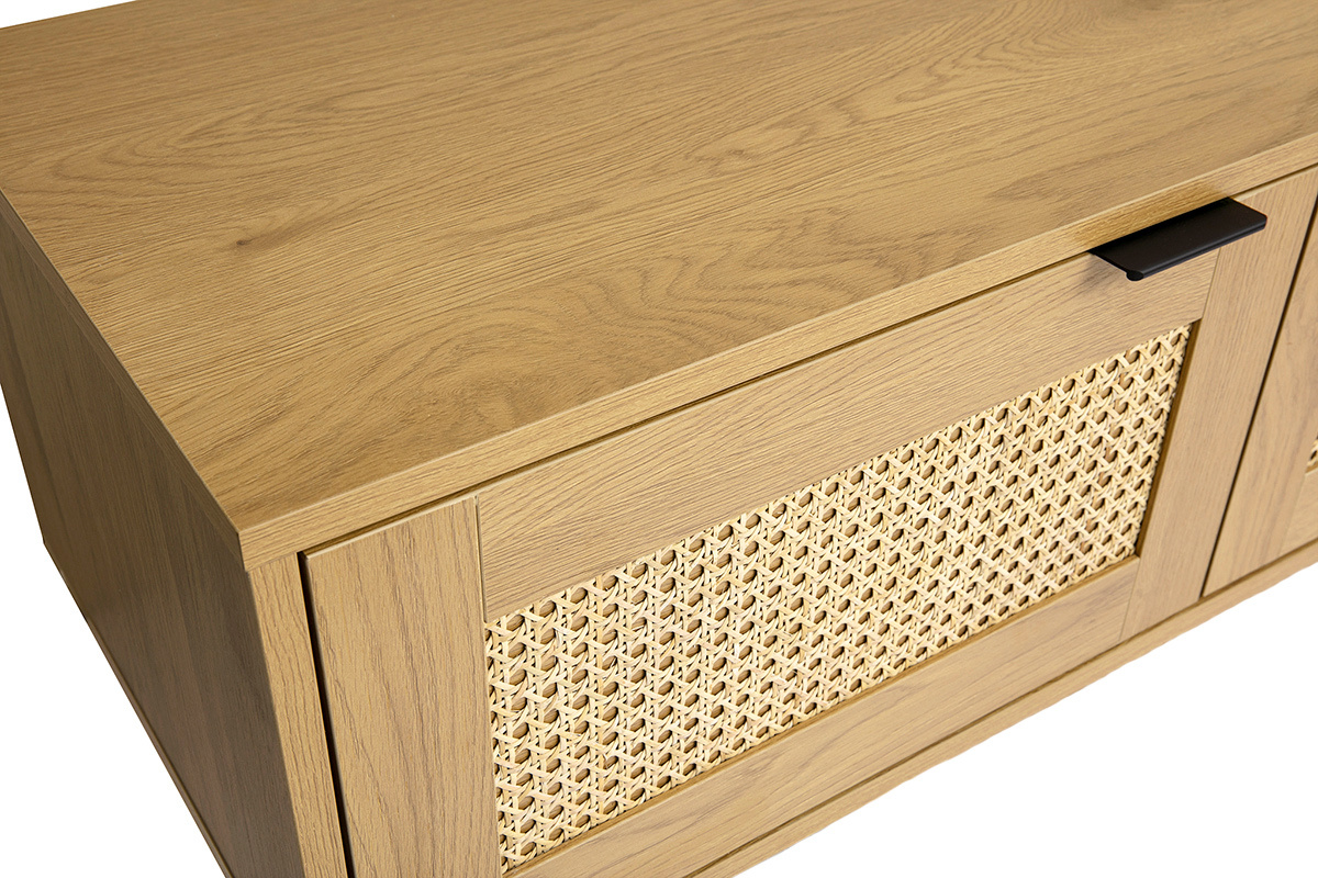 Meuble tv mural finition bois clair et cannage rotin 2 portes L150 cm MANILLE