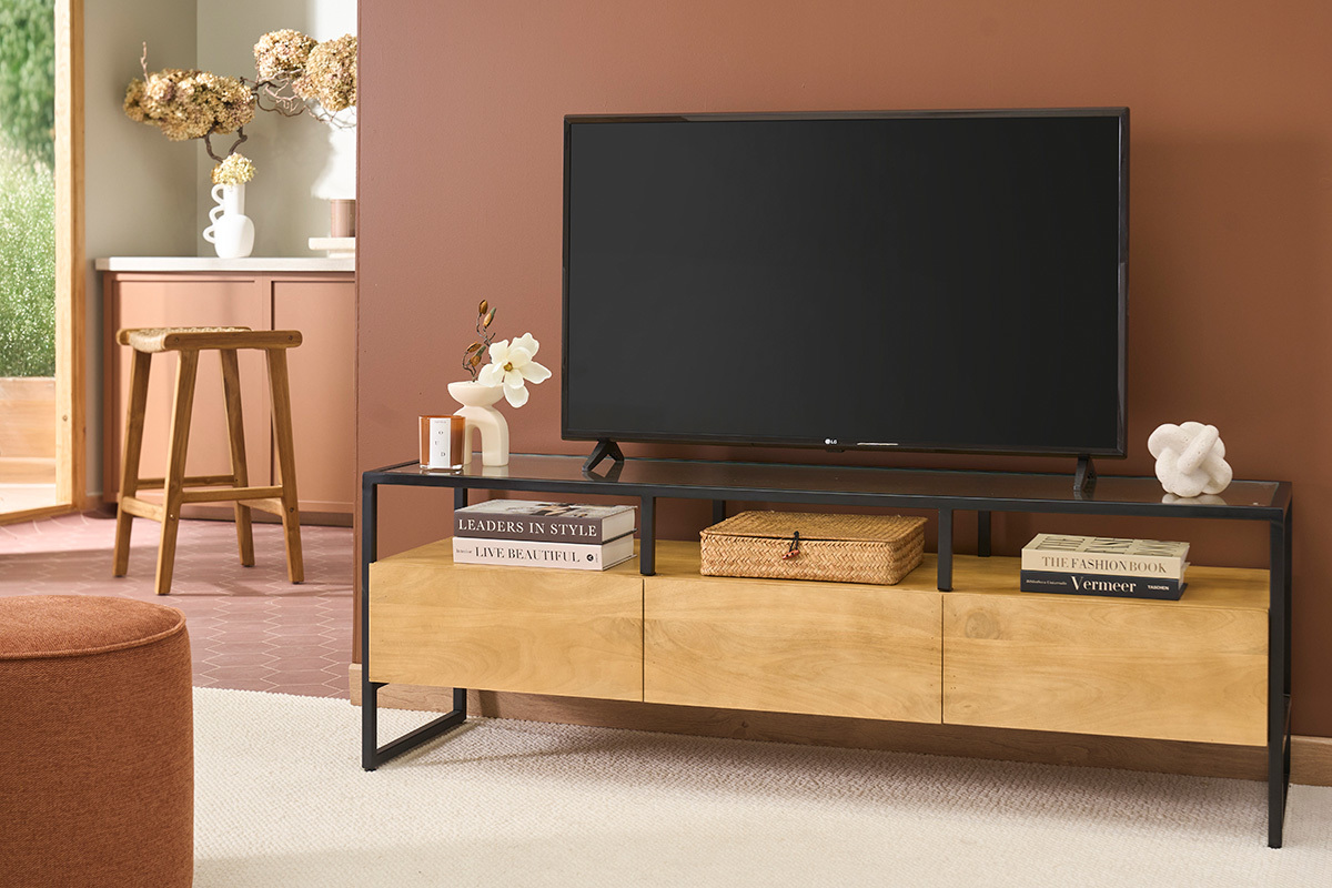 Meuble TV rectangulaire avec rangements en bois manguier massif, verre et m�tal noir L150 cm DIYA