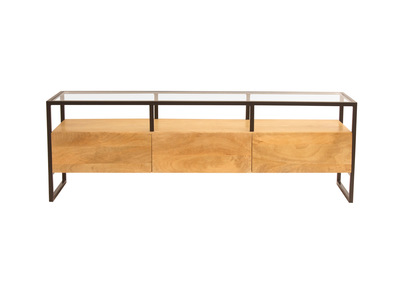 Meuble TV rectangulaire avec rangements en bois manguier massif, verre et métal noir L150 cm DIYA