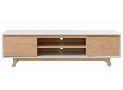 Meuble TV scandinave blanc brillant et bois LAHTI