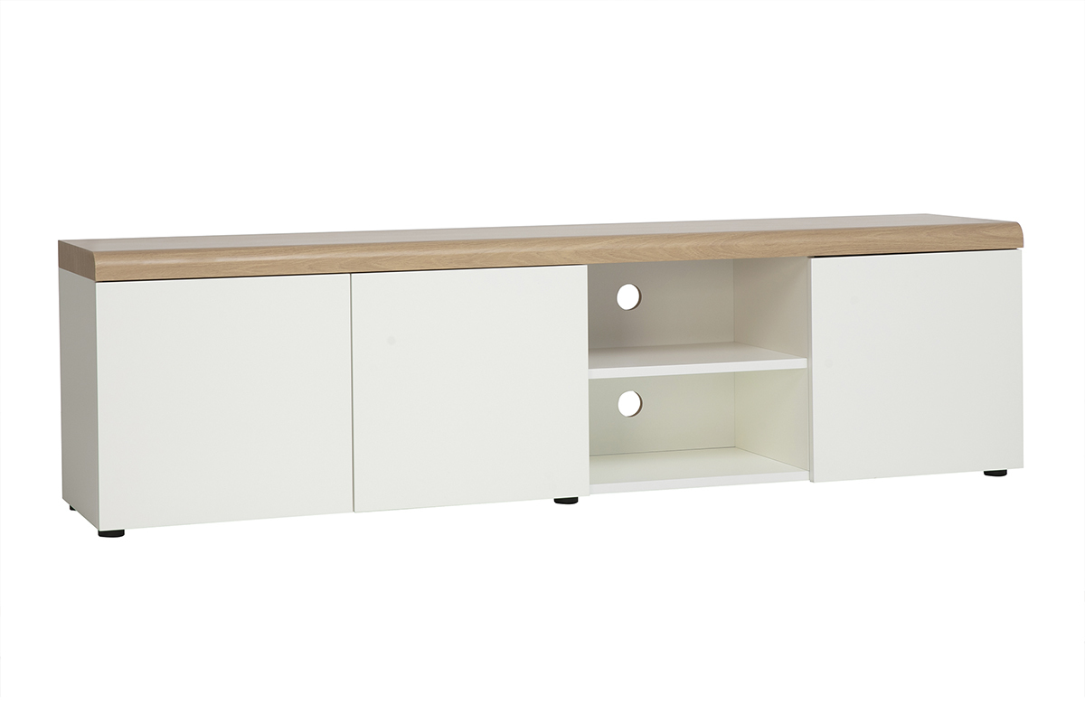 Meuble TV scandinave blanc et finition bois clair avec rangements L180 cm LEANA