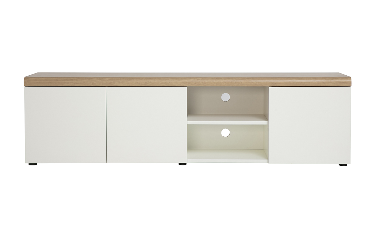 Meuble TV scandinave blanc et finition bois clair avec rangements L180 cm LEANA