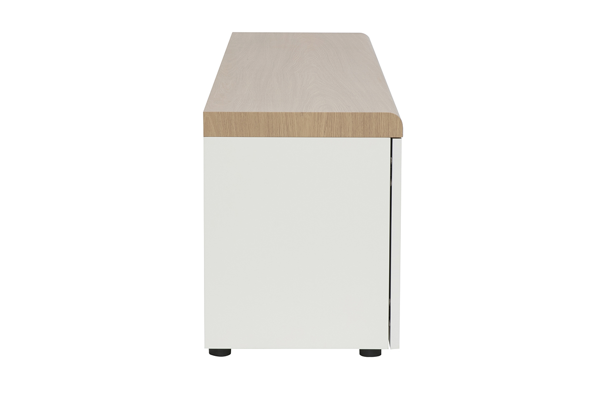 Meuble TV scandinave blanc et finition bois clair avec rangements L180 cm LEANA