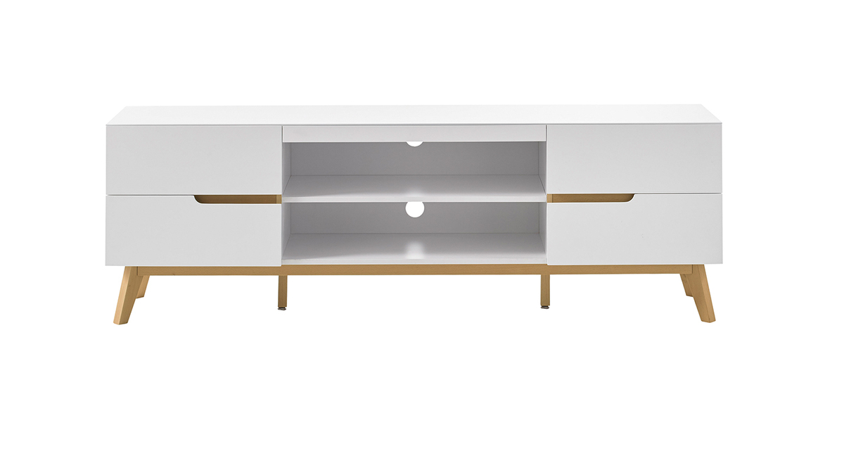 Meuble TV scandinave blanc mat et bois L169 cm SKIVE