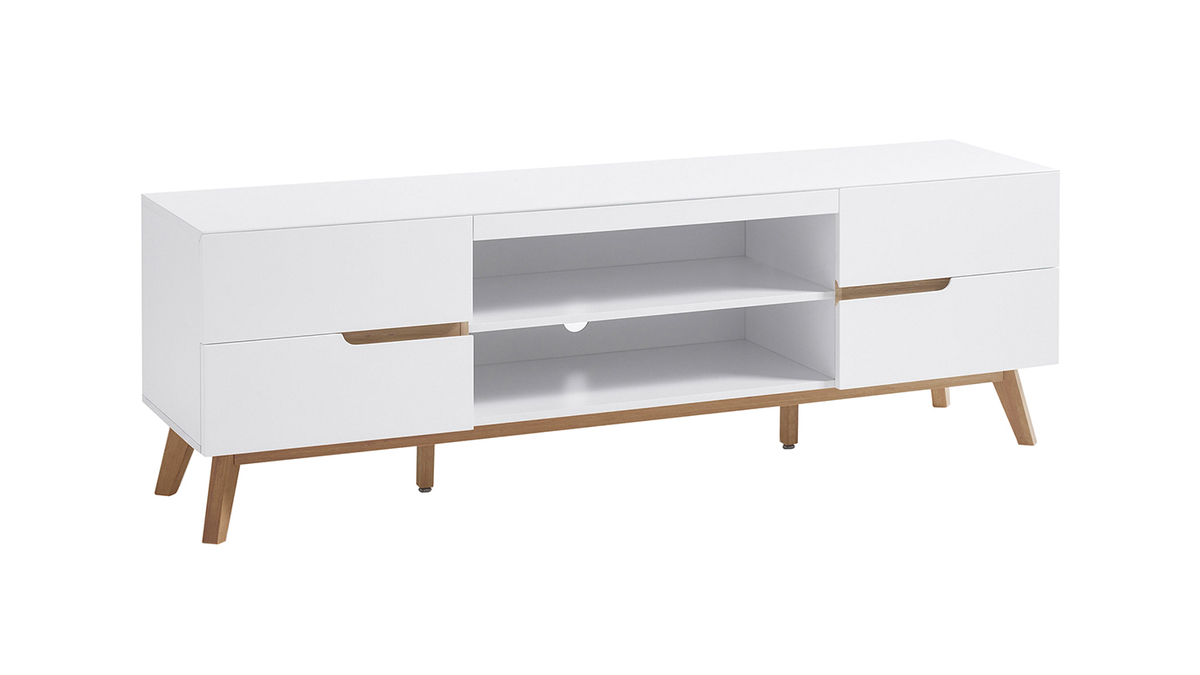 Meuble TV scandinave blanc mat et bois L169 cm SKIVE