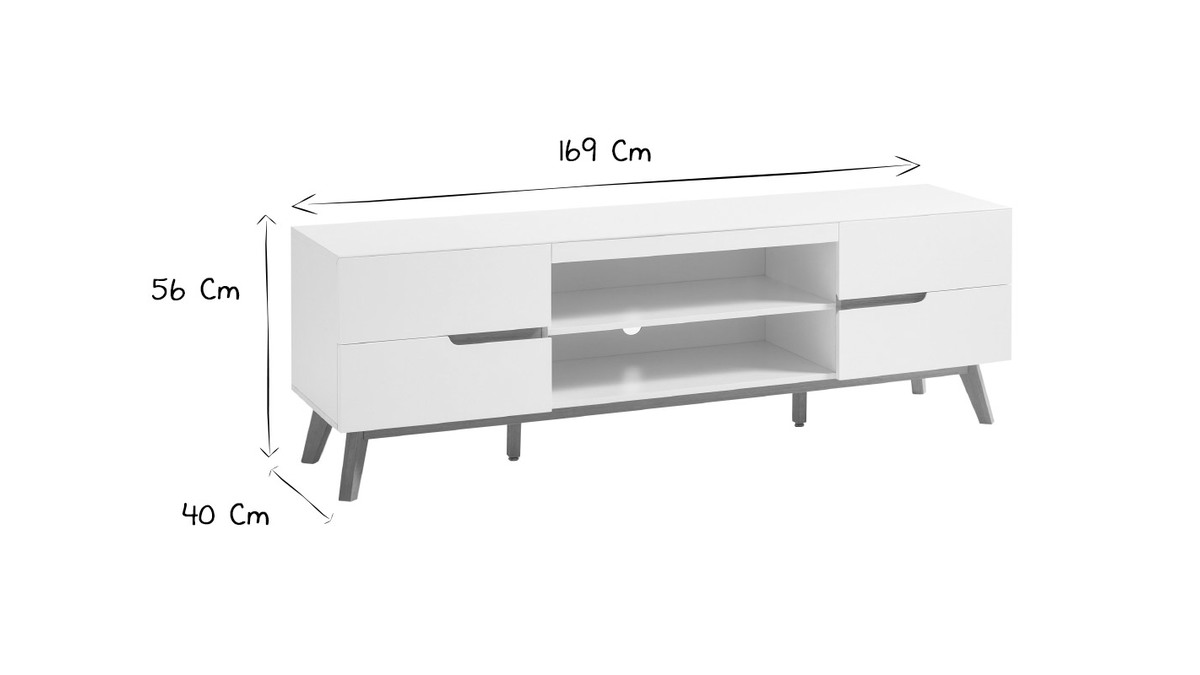 Meuble TV scandinave blanc mat et bois L169 cm SKIVE