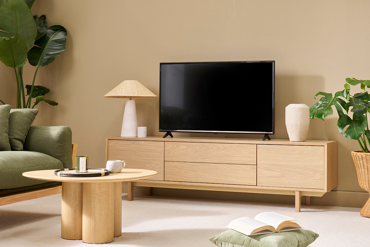 Meuble TV scandinave bois clair chne 2 portes 2 tiroirs L180cm SID