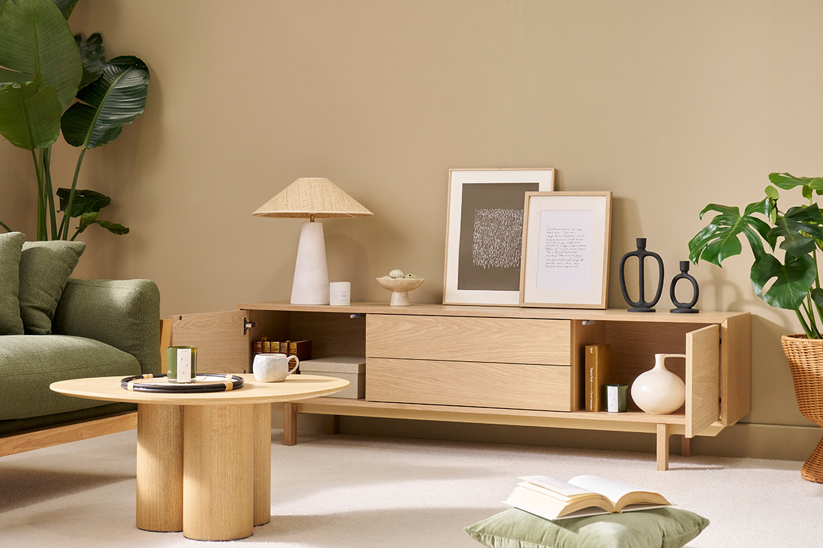 Meuble TV scandinave bois clair chne 2 portes 2 tiroirs L180cm SID