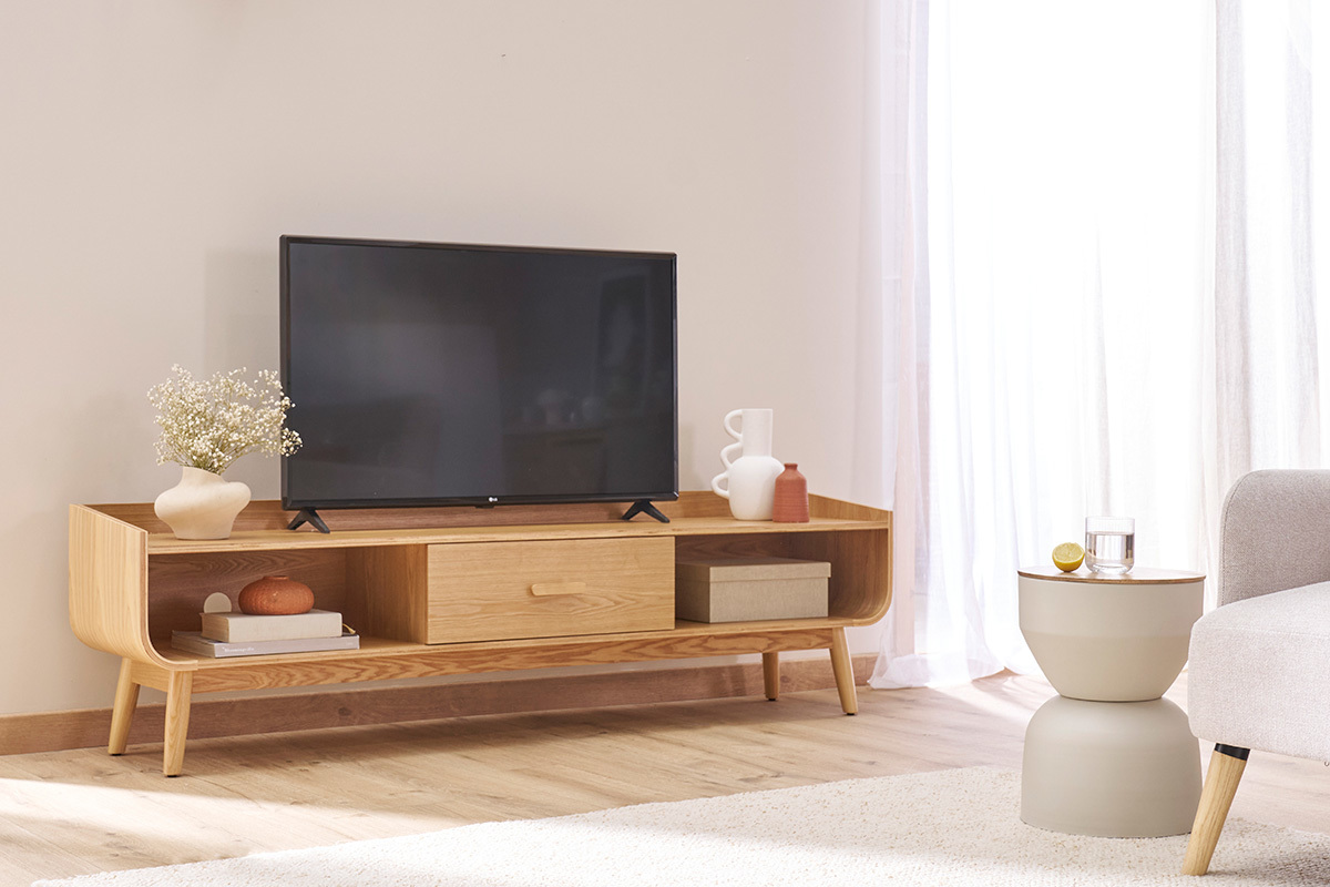 Meuble TV scandinave en bois clair L180 cm HALLEN