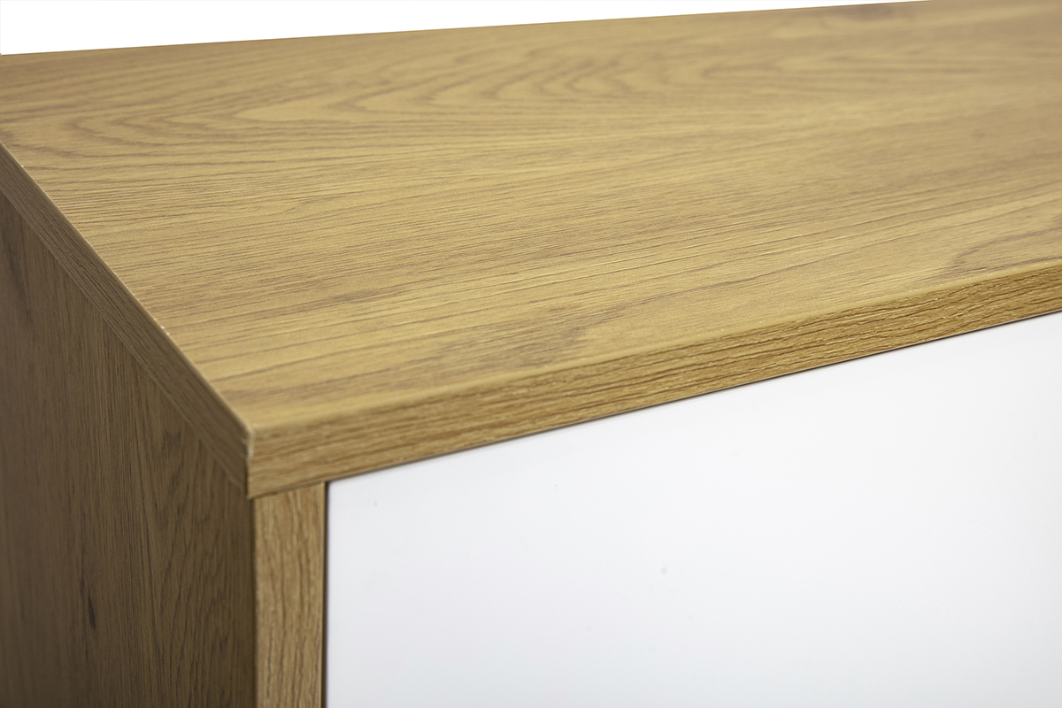 Meuble TV suspendu finition blanche et bois clair ch�ne L120 cm FLEXO