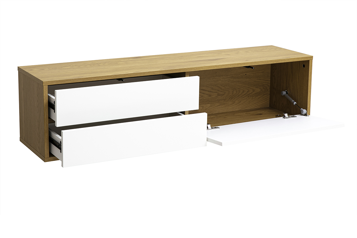 Meuble TV suspendu finition blanche et bois clair ch�ne L120 cm FLEXO