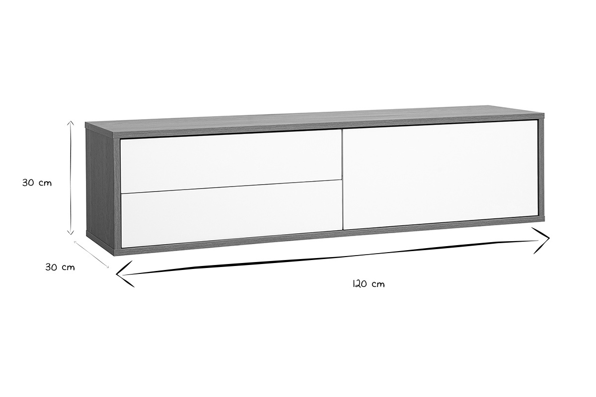 Meuble TV suspendu finition blanche et bois clair ch�ne L120 cm FLEXO