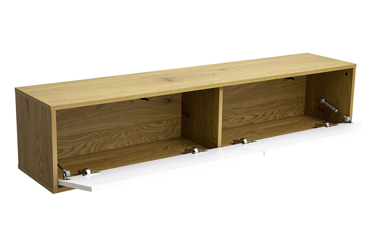 Meuble TV suspendu finition blanche et bois clair ch�ne L140 cm FLEXO