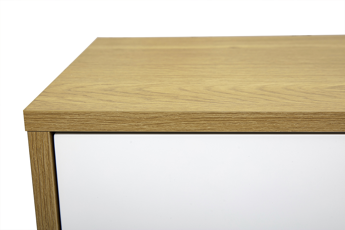 Meuble TV suspendu finition blanche et bois clair ch�ne L140 cm FLEXO