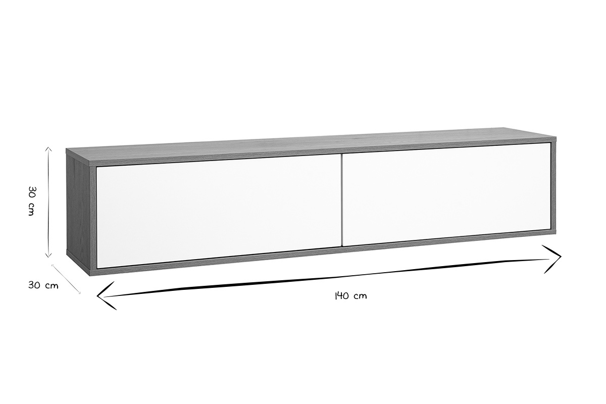 Meuble TV suspendu finition blanche et bois clair ch�ne L140 cm FLEXO