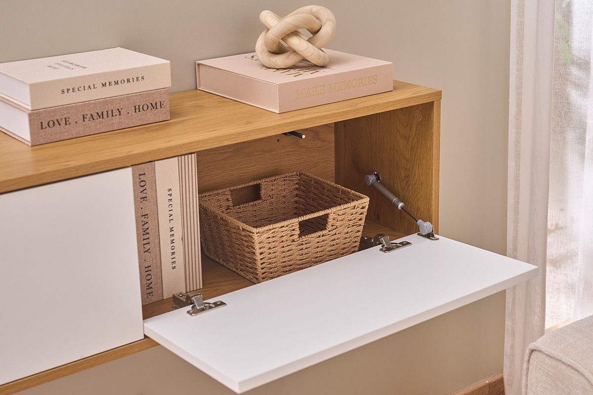 Meuble TV suspendu finition blanche et bois clair ch�ne L140 cm FLEXO