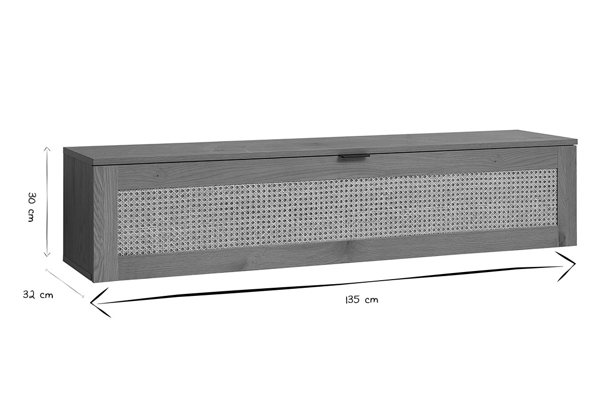 Meuble TV suspendu finition bois clair et cannage rotin 1 porte L135 cm MANILLE