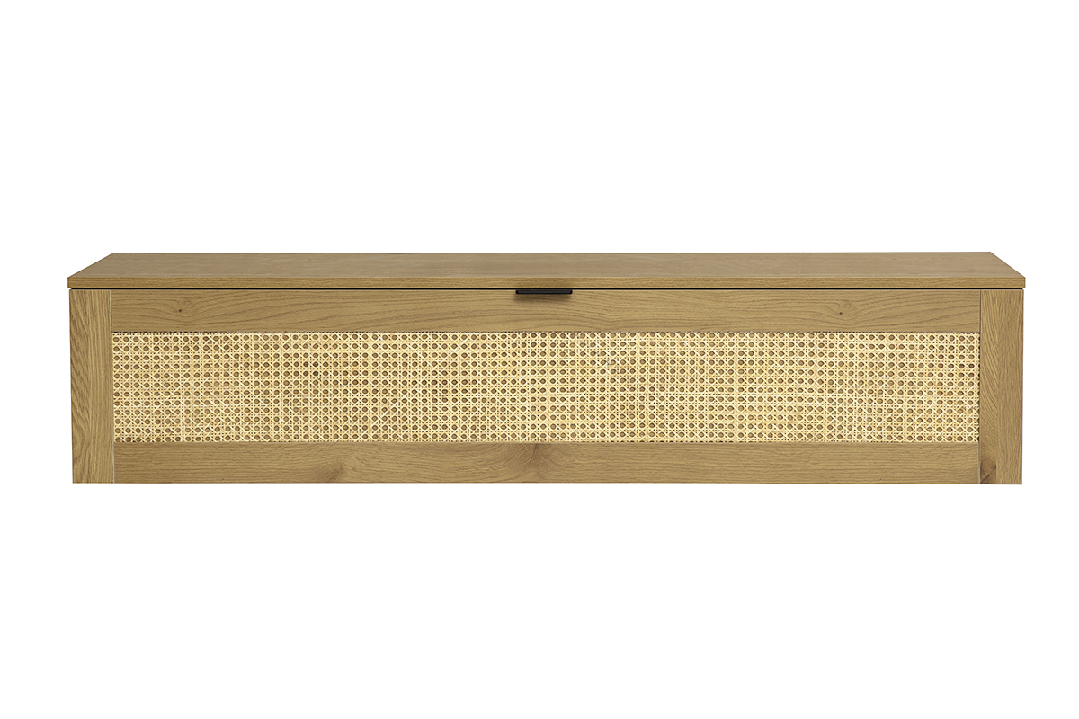 Meuble TV suspendu finition bois clair et cannage rotin 1 porte L135 cm MANILLE