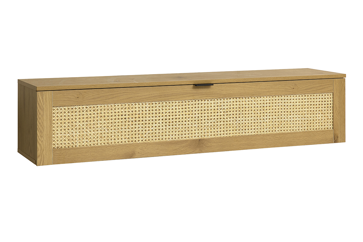 Meuble TV suspendu finition bois clair et cannage rotin 1 porte L135 cm MANILLE