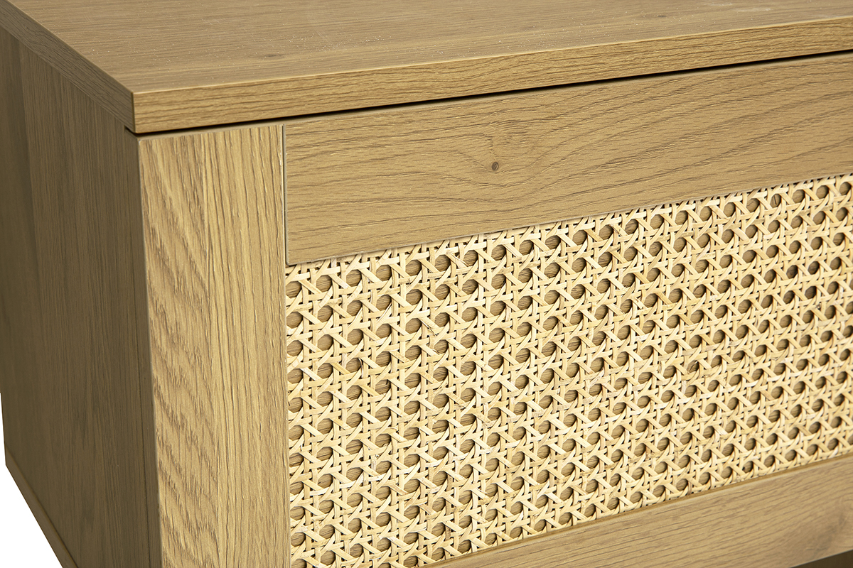 Meuble TV suspendu finition bois clair et cannage rotin 1 porte L135 cm MANILLE