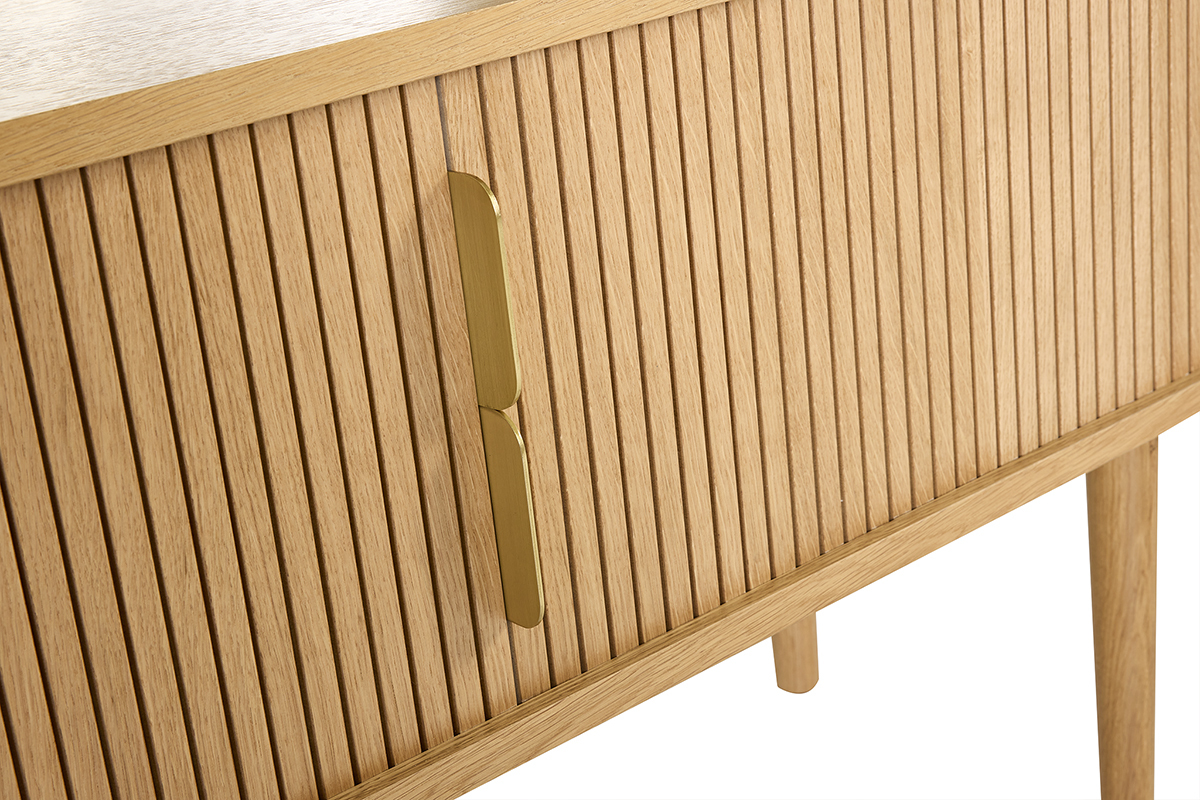 Meuble TV vintage bois clair ch�ne avec rangements 2 portes coulissantes L138 cm EPIC