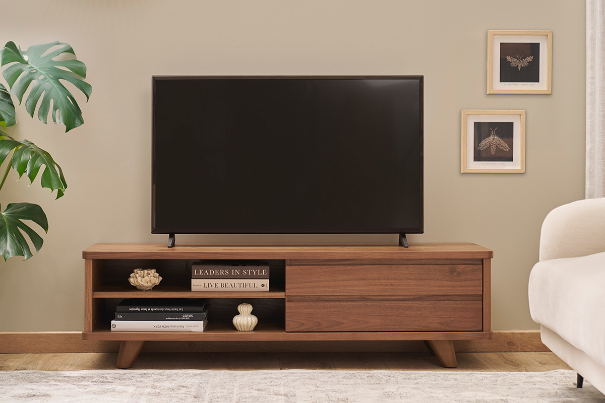 Meuble TV vintage bois fonc avec tiroirs L140 cm FIFTIES