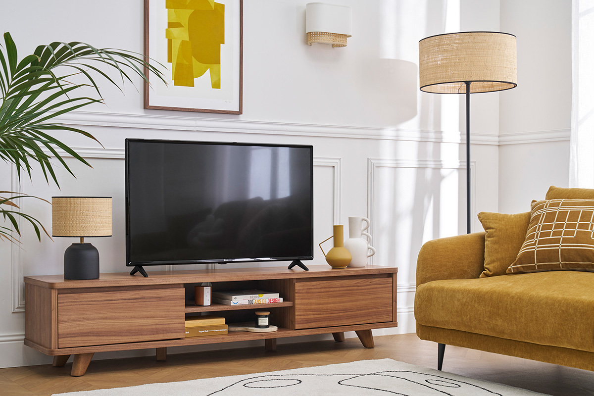 Meuble TV vintage bois fonc noyer 2 portes L180 cm FIFTIES