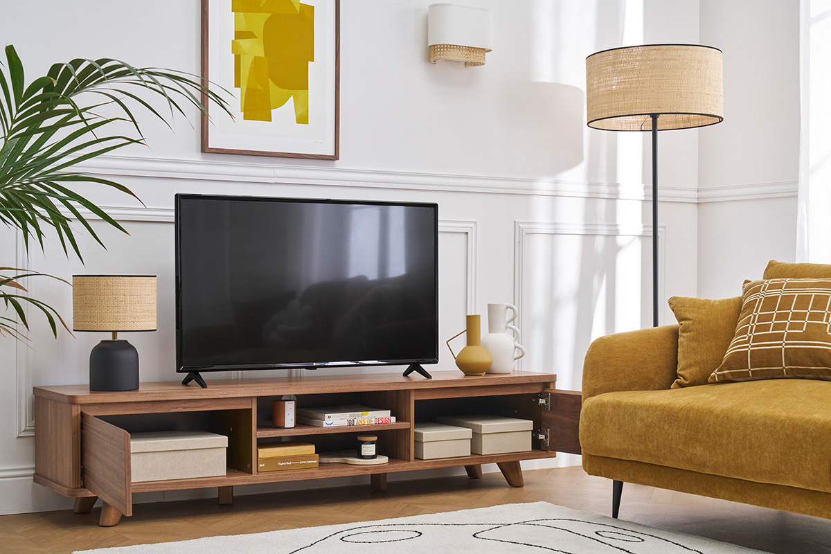 Meuble TV vintage bois fonc noyer 2 portes L180 cm FIFTIES