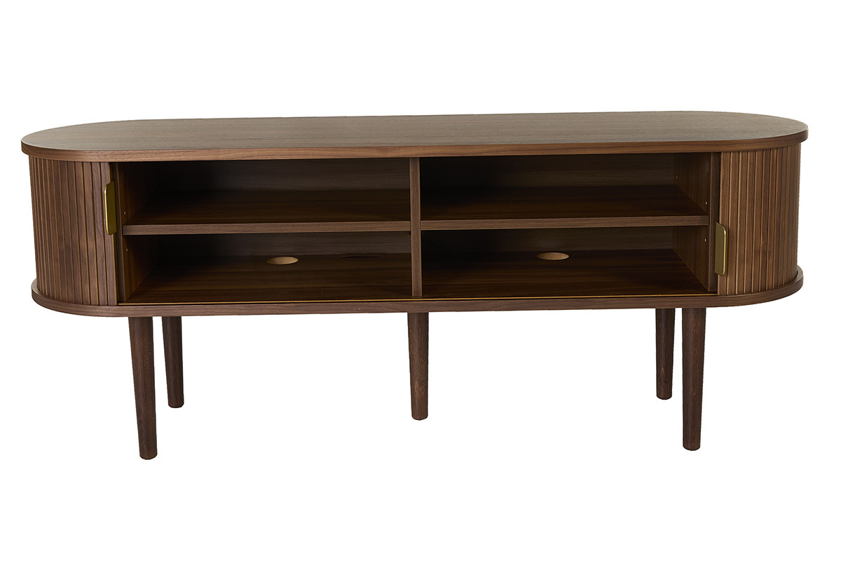 Meuble TV vintage bois fonc� noyer avec rangements 2 portes coulissantes L138 cm EPIC