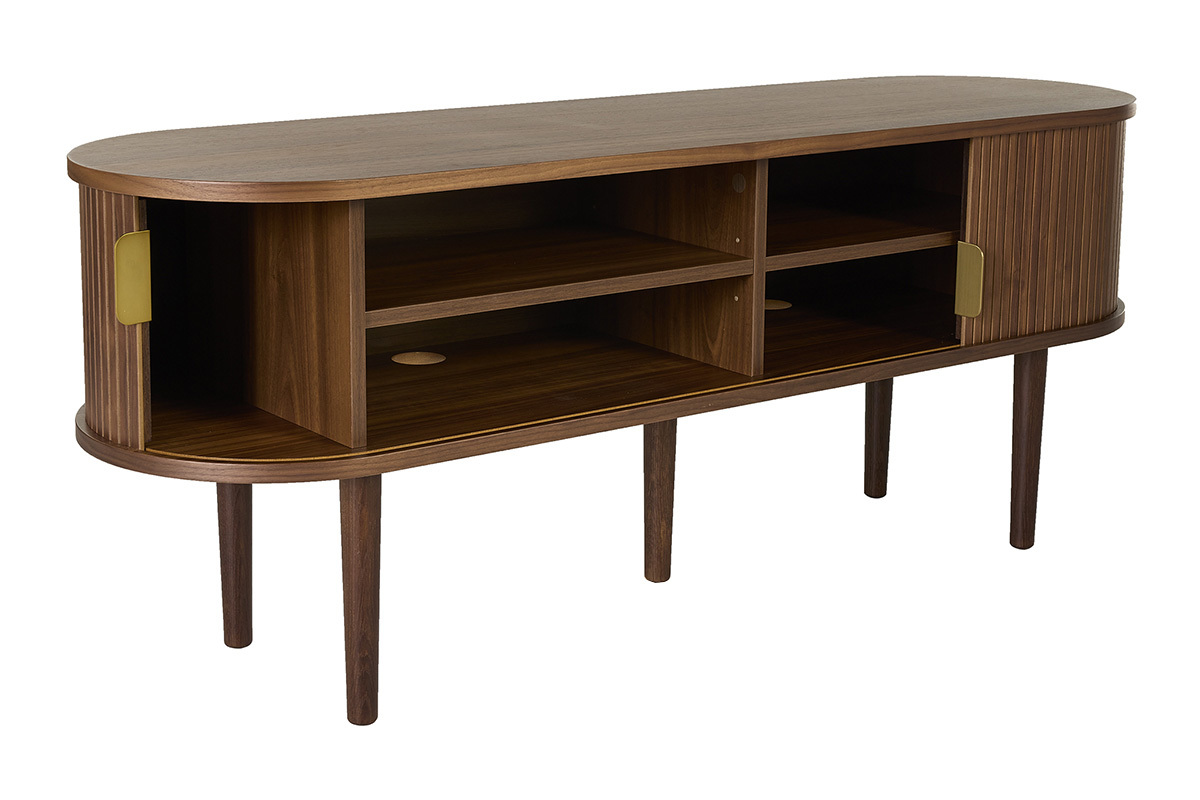 Meuble TV vintage bois fonc� noyer avec rangements 2 portes coulissantes L138 cm EPIC